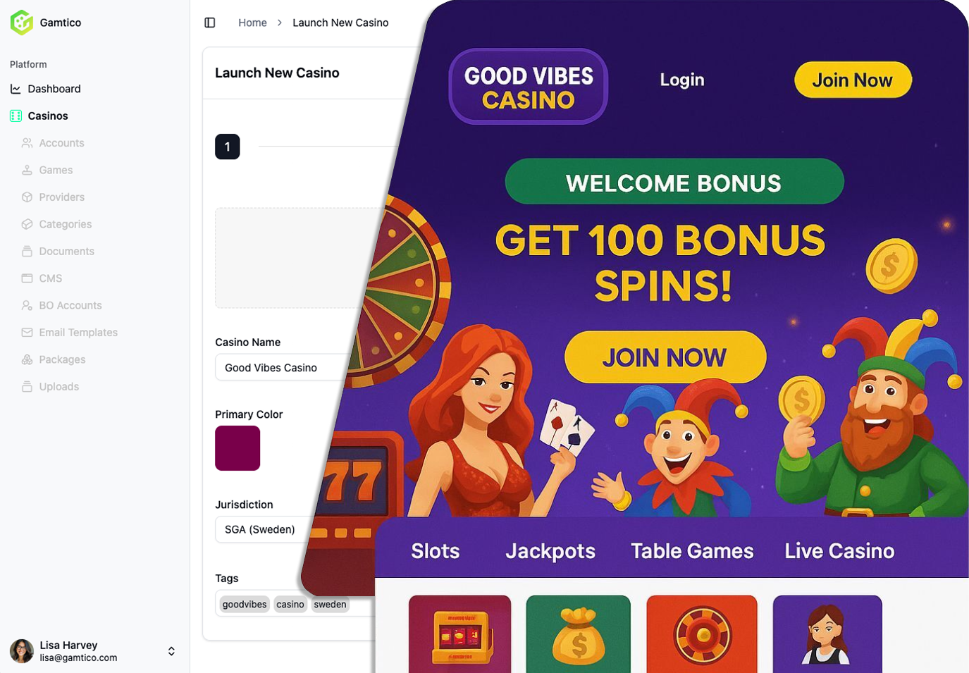 Screenshot of the GAMTICO iGaming platform dashboard
